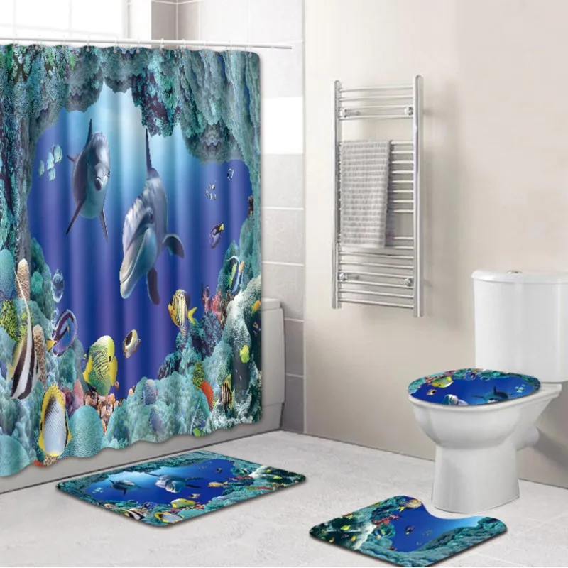 

4 pieces/set Shower Curtain Bathroom Mat Combination Modern Scenic Pattern Bathroom Toilet Carpet Shower Room Mat