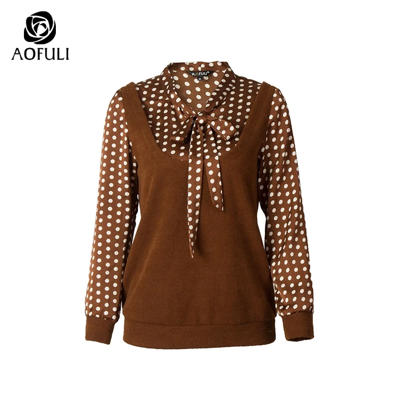 AOFULI женские топы в горошек весенние вязаные пуловеры с длинными рукавами