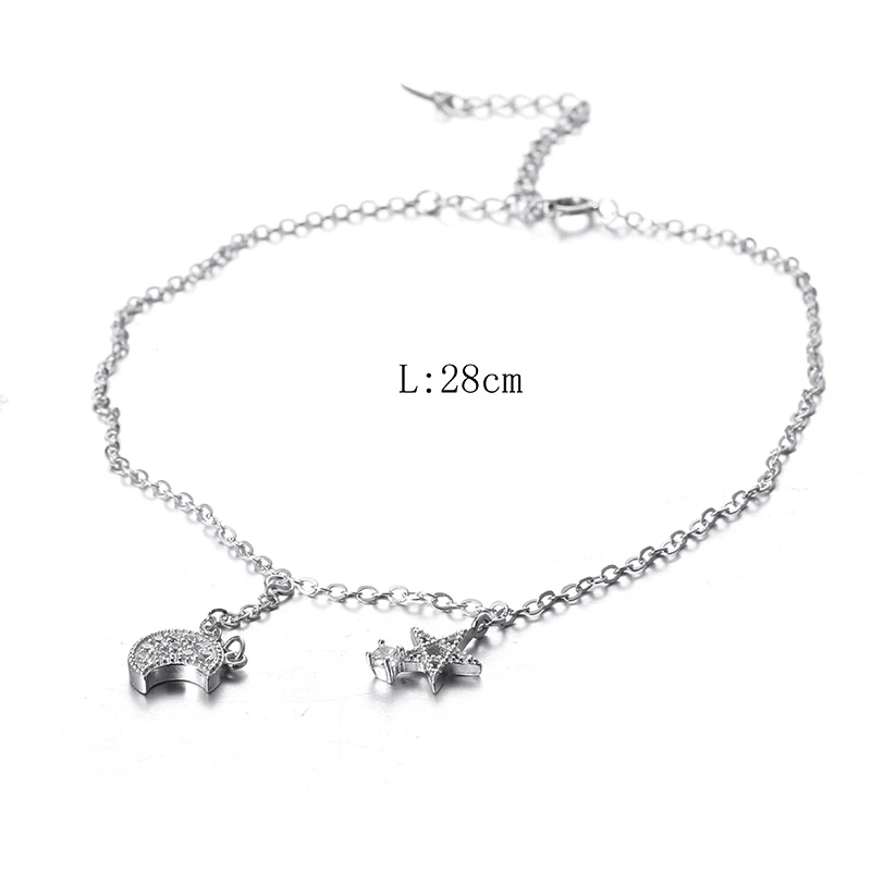 Женский ножной браслет с Луной и звездой из 100% стерлингового серебра 925 пробы