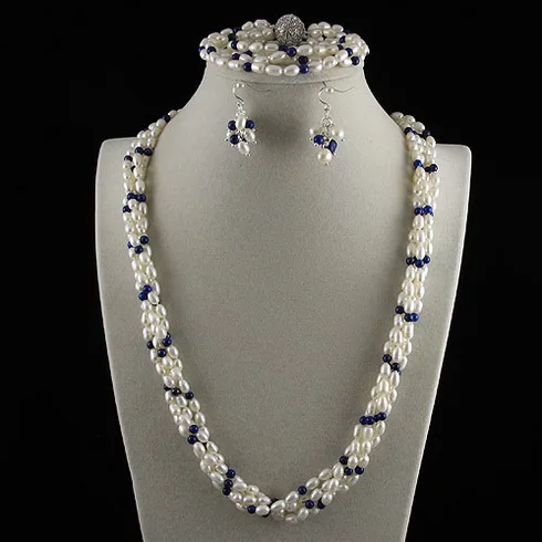 

New Arriver Pearl Jewellery Set For Women Blue Lapis White Freshwater Pearl Necklace Bracelet Earrings Rhinestone Magnet Clasp
