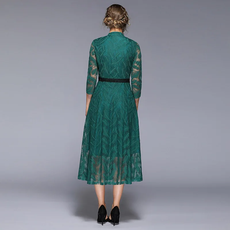 Women Summer Dress Stand Collar Three Quarter Sleeve Green Lace Vintage Elegant Party Dresses Vestidos de fiesta | Женская одежда