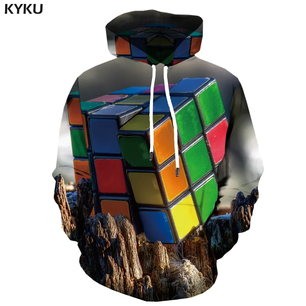 KYKU, 3d толстовки, кубические толстовки Rubiks, мужские толстовки в квадрате, 3d Геометрическая Толстовка с капюшоном, аниме, черная толстовка с принтом, Повседневная Толстовка с капюшоном