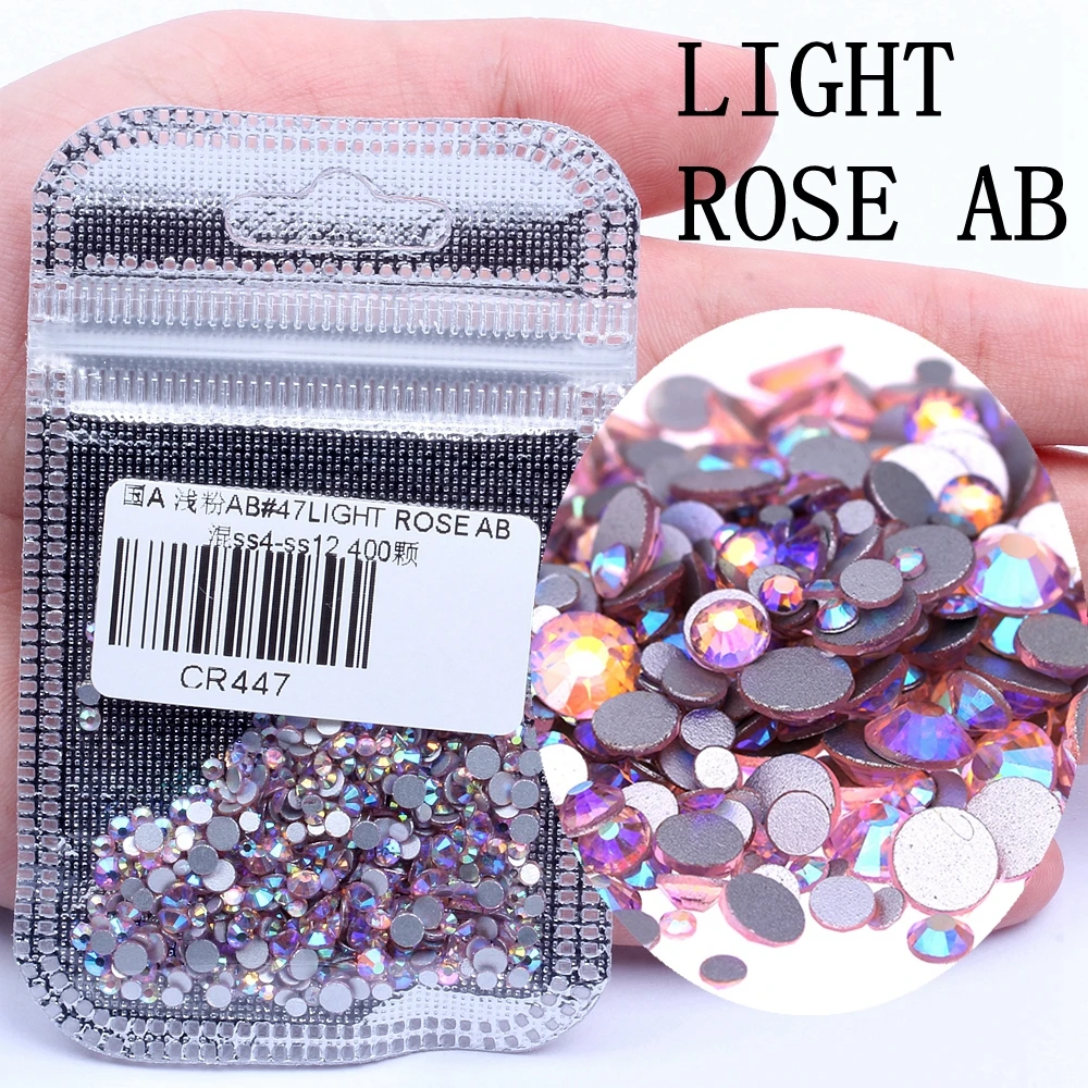 47 LIGHT ROSE AB Стразы для нейл-арта, 60 цветов, 400 шт, микс из SS4-SS12, стеклянные стразы с плоской задней стороной, Стразы для ногтей, 3D украшения - Цвет: 47 LIGHT ROSE AB
