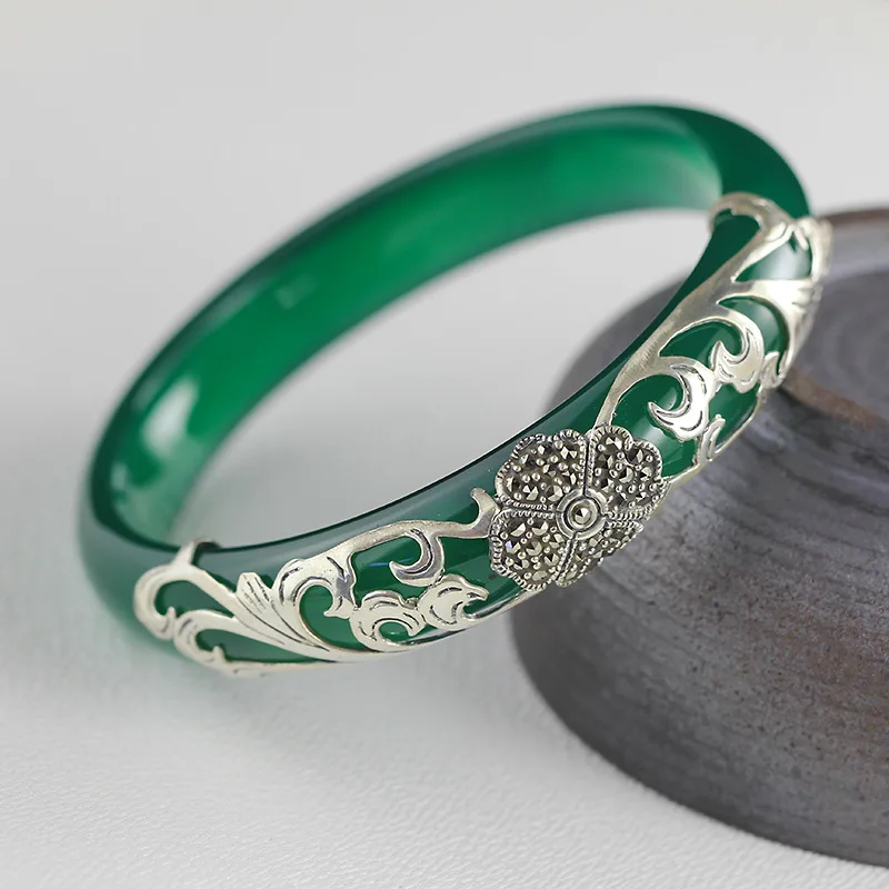 Женский винтажный браслет из тайского стерлингового серебра 925 пробы с зеленым