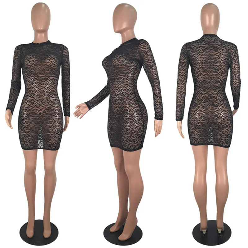 Women Summer Sexy Mini Party Dress Long Sleeve Leopard Print Bodycon Bandage Sheer Mesh Black Club Lace Vestidos | Женская одежда