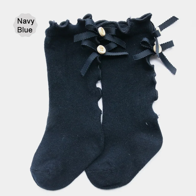 Navy Blue Носки для маленьких девочек кружевные носки принцессы до колена с бантиками милые детские носки Длинные Нескользящие хлопковые носки Meias Infantil - Цвет: Navy Blue