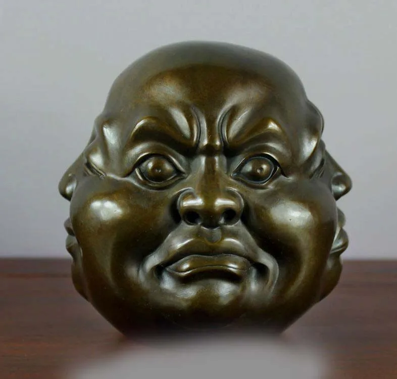 5 Китайский медный Бронзовый четыре лица выражение Maitreya Rohan монах головы Будды SD