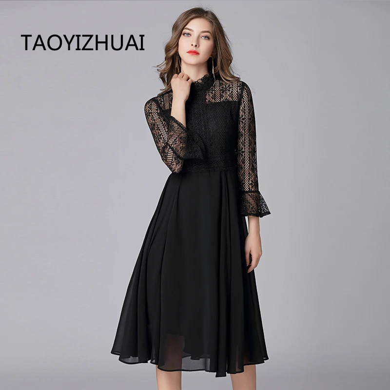 Женское кружевное платье TAOYIZHUAI черное большого размера с рукавами фонариками до