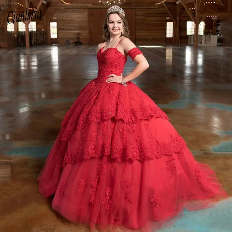 

Элегантное Красное Бальное Платье, длинные платья Quinceanera 2020, милое Многоярусное кружевное милое платье с аппликацией 16