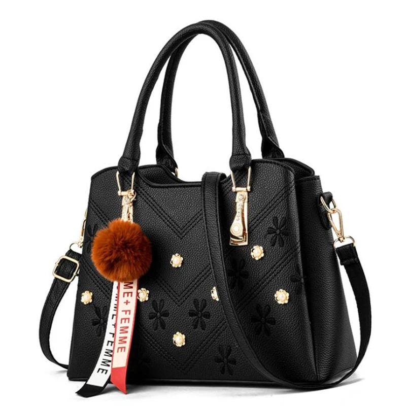 Yogodlns, женская сумка с цветами и заклепками, женские сумки на плечо, качественные сумки через плечо из искусственной кожи с меховым шариком