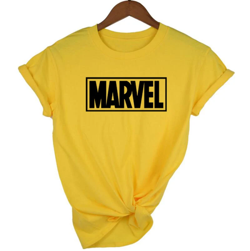 yellow 1 Летняя футболка с надписью MARVEL, Женская Повседневная футболка с коротким рукавом, женские топы размера плюс, Забавные футболки - Цвет: yellow 1