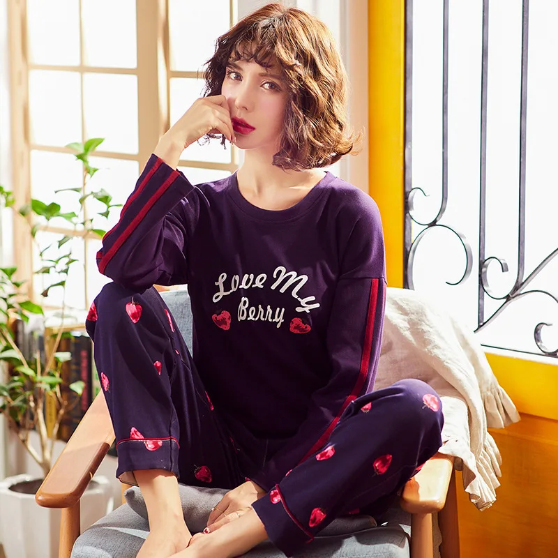 2018 New Autumn Pure Cotton Women Pajamas Long Sleeve Wide-legged Pants Home Clothes Nightgowns Sleep Lounge 2XL Plus Size | Женская