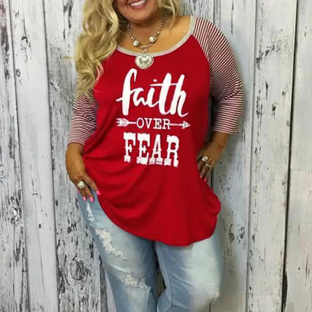 Plus Size Women T-Shirt Letters Print Splicing Stripe Tops 2017 Autumn O-Neck Three Quarter Sleeve Harajuku Tees Oversize 5XL | Женская