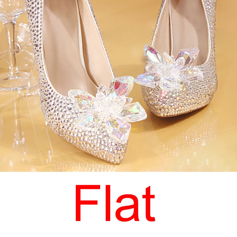 small crystal flat Серебристые Свадебные туфли, украшенные кристаллами Стразы Украшенные жемчугом и Для женщин насосы острый носок туфли на высоком каблуке вечерние, банкетов, под вечернее платье, платье подружки невесты - Цвет: small crystal flat