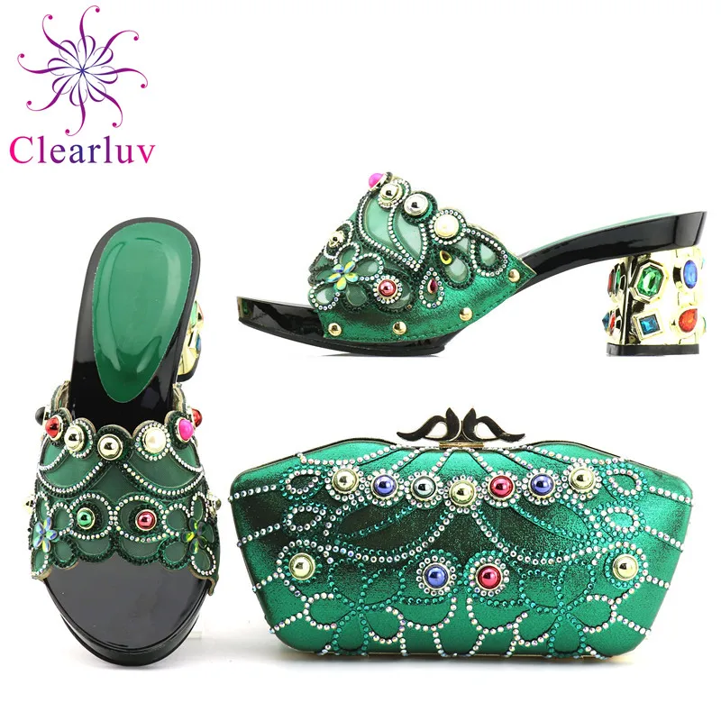 

Clearluv Nigerian Party Shoes And Bag Sets African Decorated With Rhinestone Low Heels Shoes And Purse Set For Party