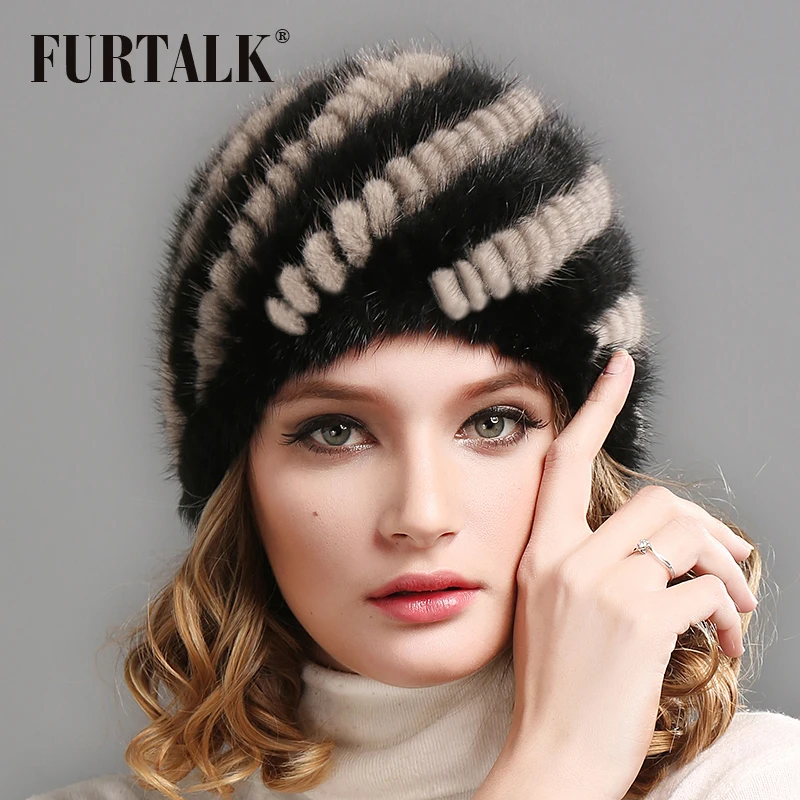 Женская меховая шапка FURTALK мягкая бини из натурального меха норки вязаная в