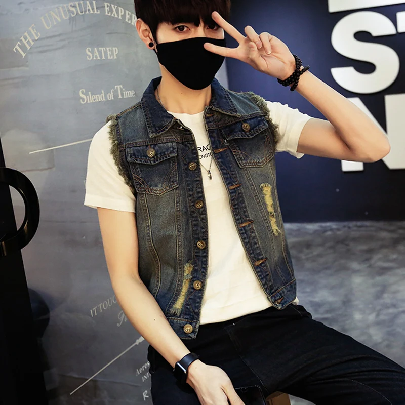 

2019 Men Cowboy Brand Sleeveless Jacket Male Tank Ripped Jean Jacket Men's Denim Vest Hip Hop Jean Coats Waistcoat Plus Size 6XL