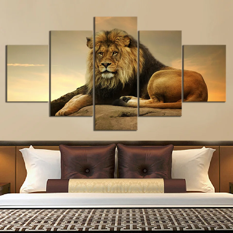 

5 Piece Sunset Landscape Canvas Painting Lion Artwork Painting Home Decor Wall Sticker Animal Poster Mural Painting Fashion Gift