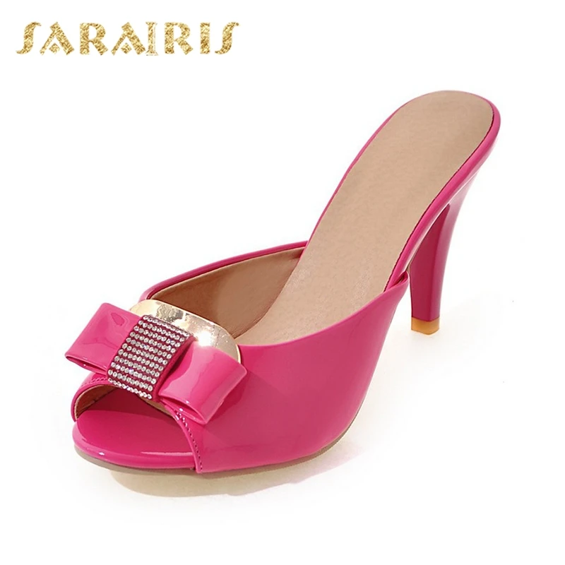 peachblossom SARAIRIS/ Dropship большой размер 32-43 с открытым носком с бантиком женские туфли-лодочки на высоком тонком каблуке без шнуровки женские сабо обувь - Цвет: peachblossom