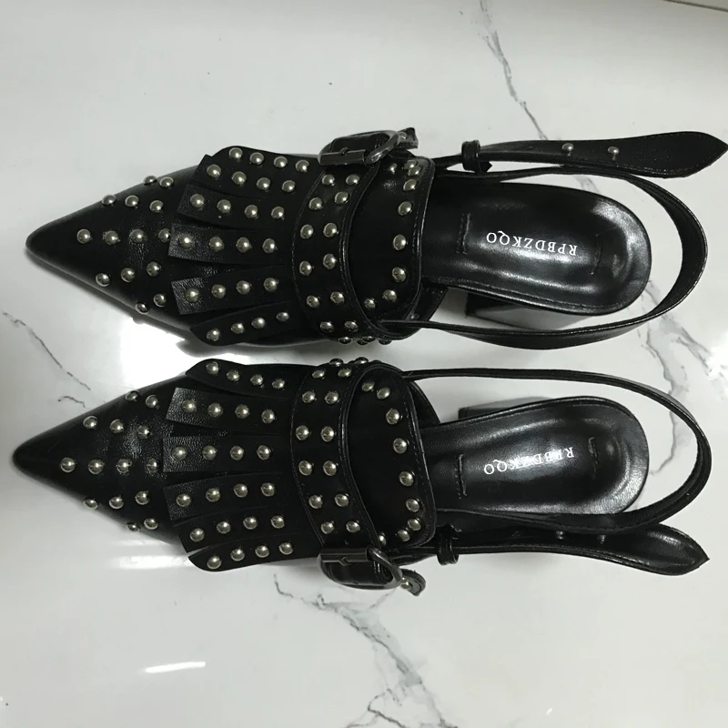 Rivet Size 4 34 Punk Block Heels Slingback Black Thick Sandals Women Summer Designer Brand Medium Shoes Stud Pointed Toe