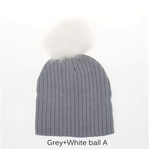 Grey A Осенне-зимняя новинка, теплая шапка для малышей, мягкая хлопковая шапочка с искусственным помпоном, меховые шапки для девочек и мальчиков, вязаная крючком детская шапка, рождественские шапки - Цвет: Grey A