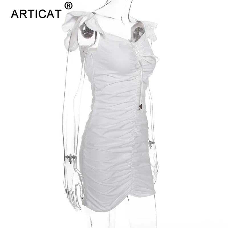 Articat, белое, с оборками, на шнуровке, облегающее платье, женское, сексуальное, с v-образным вырезом, Бандажное, короткое, плиссированное, летнее платье, женское, повседневное, тонкое, вечерние, платье