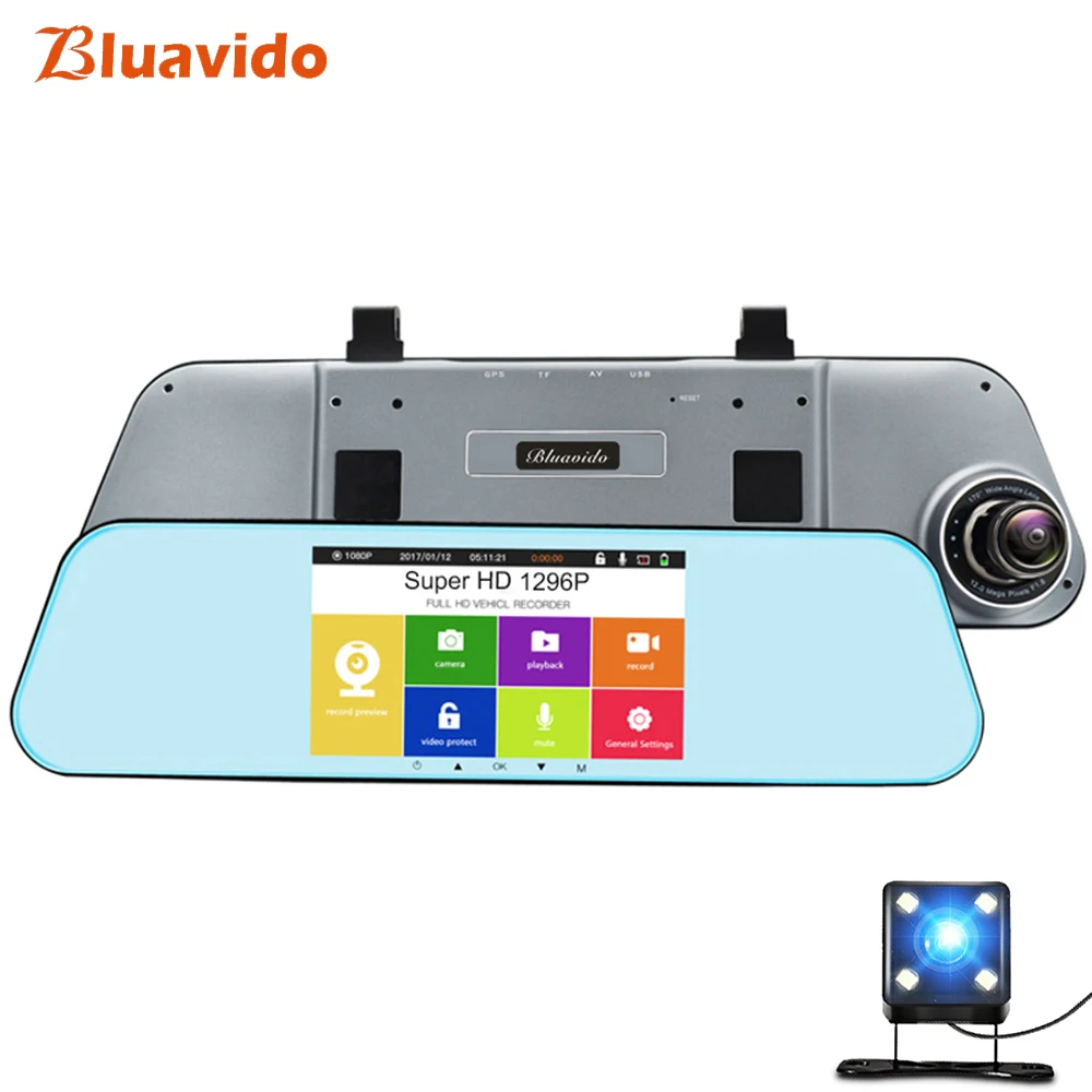 Bluavido 5 дюймов Сенсорная Автомобильная камера зеркало заднего вида DVR Full HD 1296P