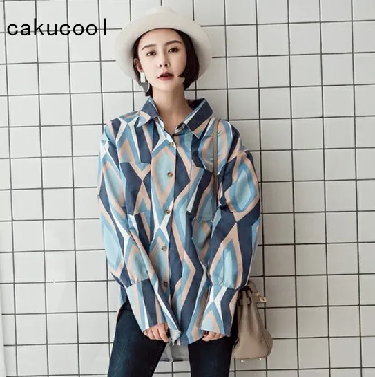 Cakucool Новый Для Женщин Осенние замшевые руно блузка рубашка поп геометрический с