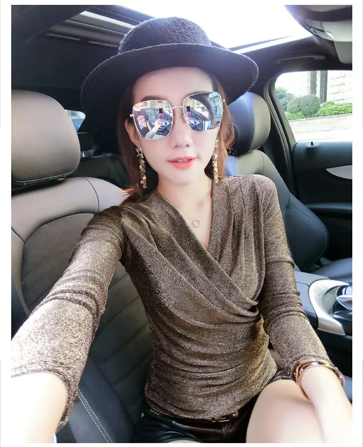 Golden t shirt Золотистая женская футболка с v-образным вырезом, топы с рюшами, Сексуальная футболка, тонкая эластичная футболка размера плюс S-3XL, Camiseta Mujer T93592 - Цвет: Golden t shirt