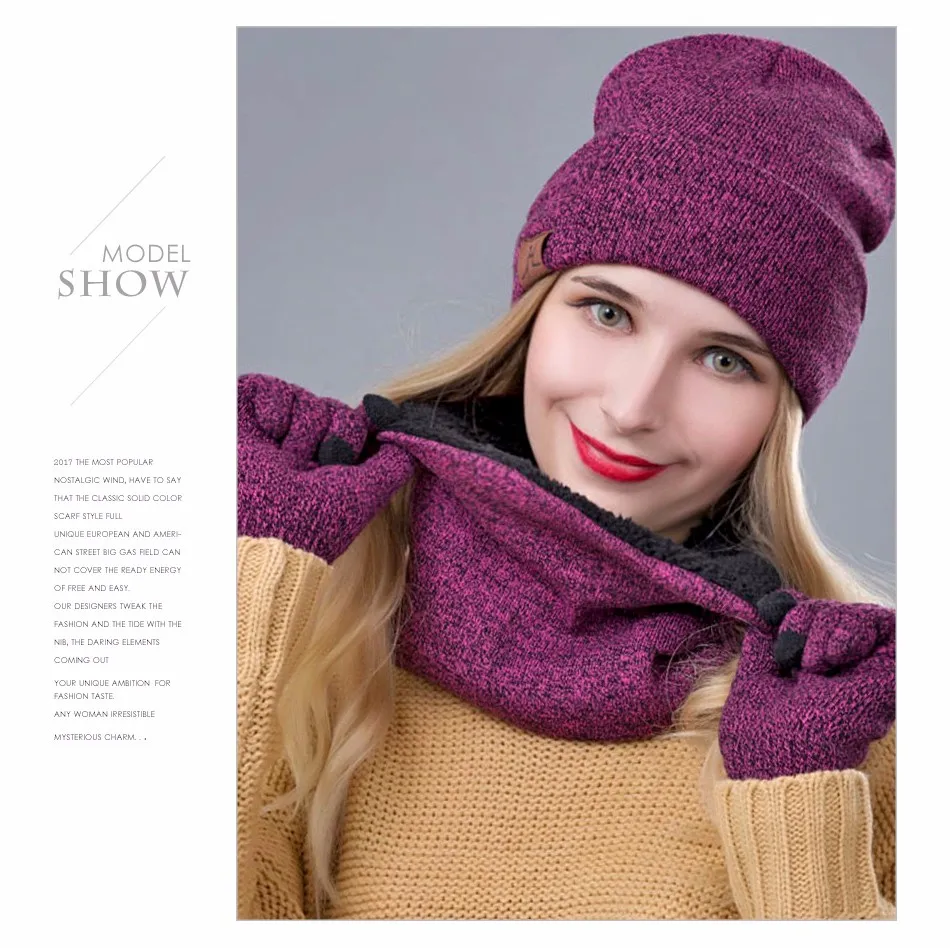 IWINTER 3 Pieces Комплект женщин Зимняя шляпа и перчатки наборы Хлопок Unisex Hat Шарф перчатки Установить твердой шляпы и шарф для женщин Мужчины