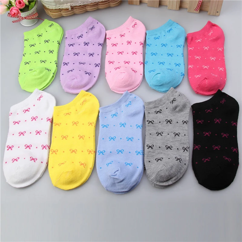 Носки женские хлопковые с бантом милые дышащие невидимые тапочки карамельных