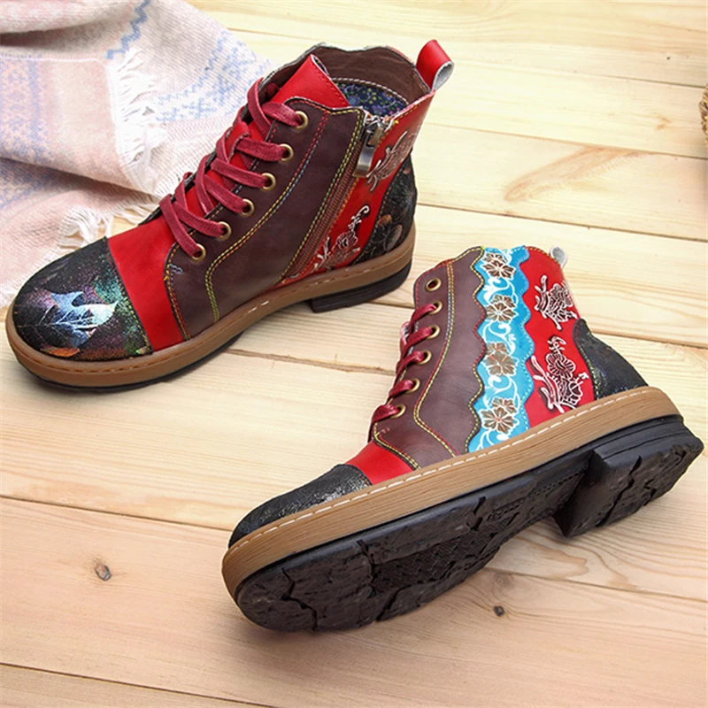 Buono Scarpe Для женщин ботильоны на шнуровке с боковой молнией в стиле пэчворк в этническом стиле полусапожки обувь ручной работы в богемном стиле Стиль обувь Mujer