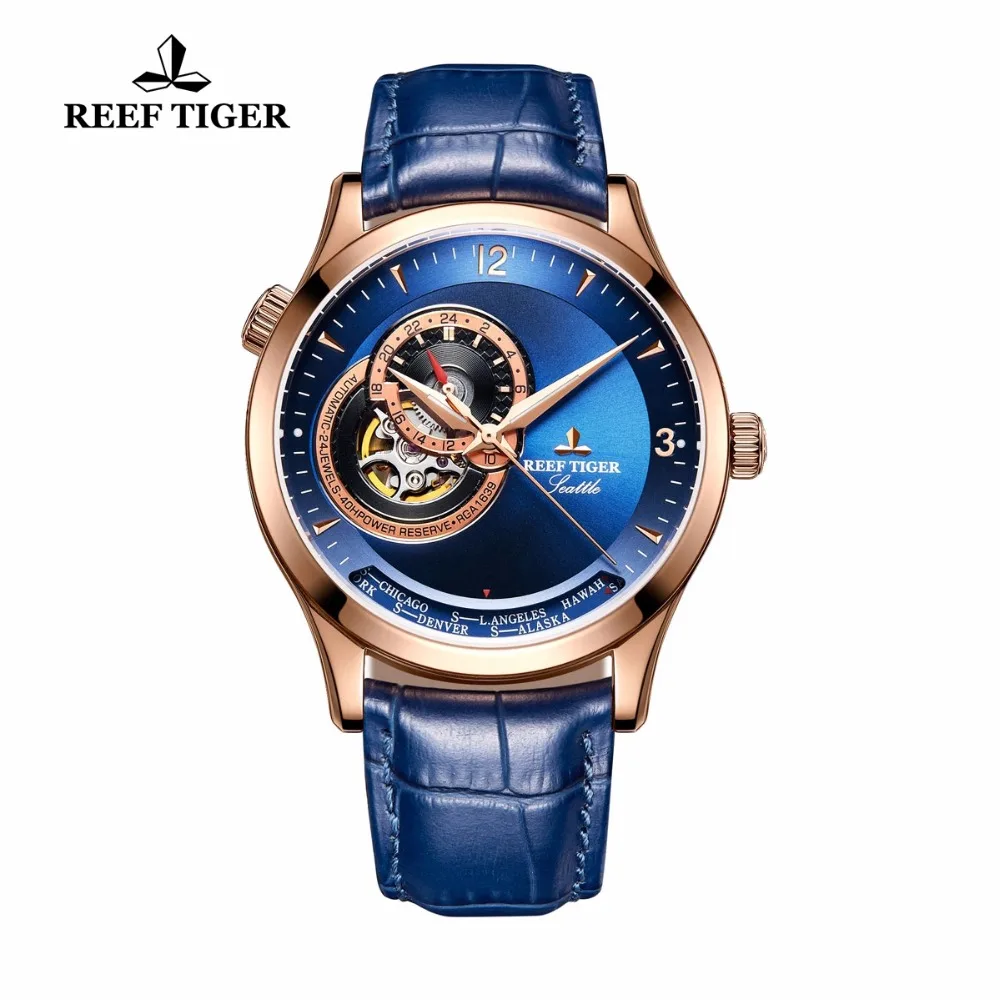 Повседневные водонепроницаемые часы Reef Tiger/RT цвета розового золота с синим