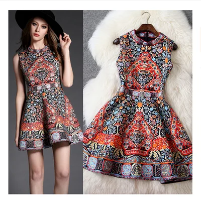 

New Woman Dresses Women Sleeveless Retro Traditional Flowers Print Jacquard Dress Mini Elegant Female Stand Collar Dresses NS851