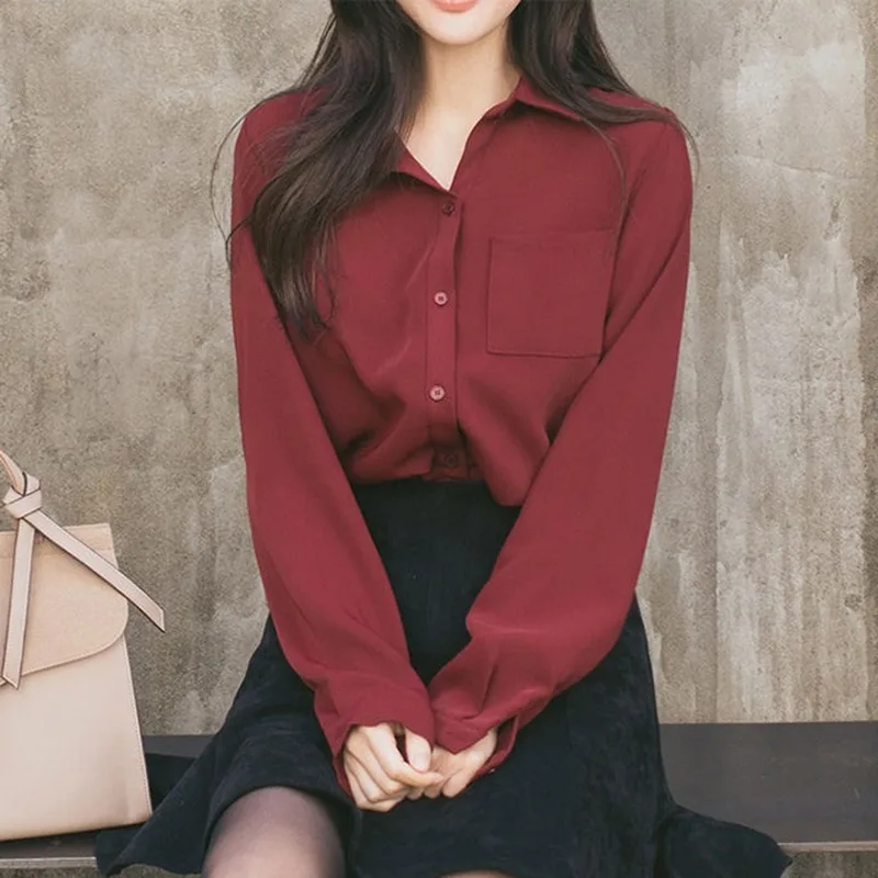 Женские рубашки блузки с длинным рукавом и отложным воротником однотонная