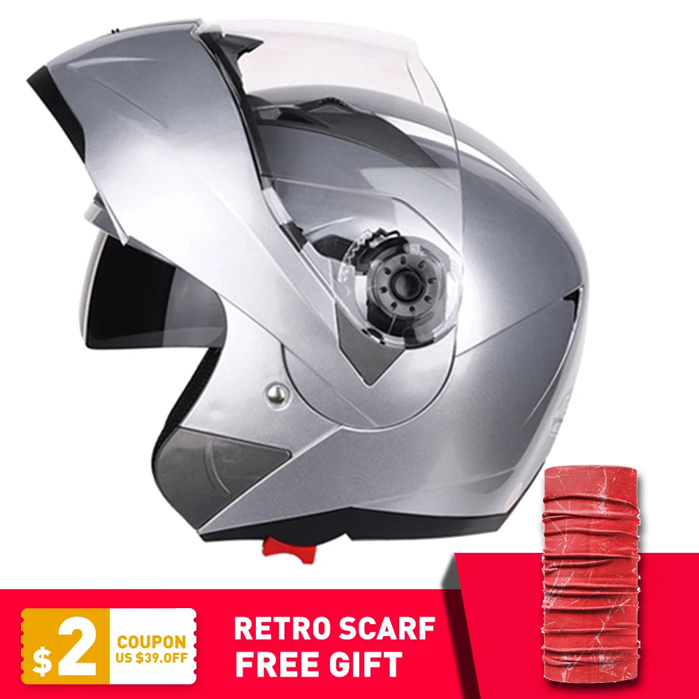 Мотоцикл JIEKAI мотоциклетных шлемов мотого Casco Capacete кожаный чехол из искусственной кожи(шлем с Двойная Линза - Цвет: Серебристый