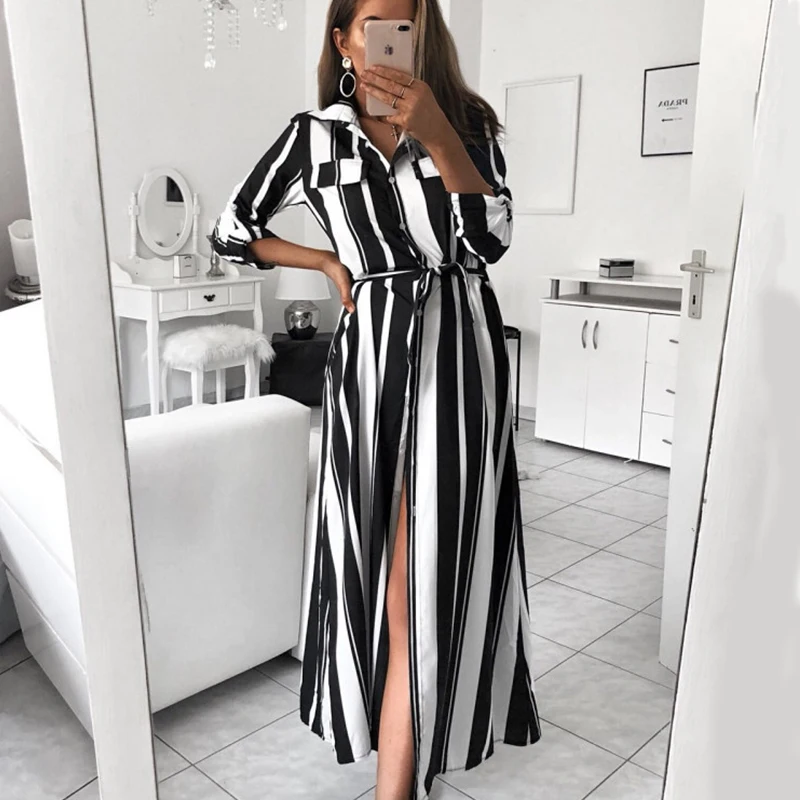 

Striped Maxi Dress 2020 Office Lady Turn-Down Collar Button Long Shirt Dress Women Autumn Summer Long Sleeve Straight Dress