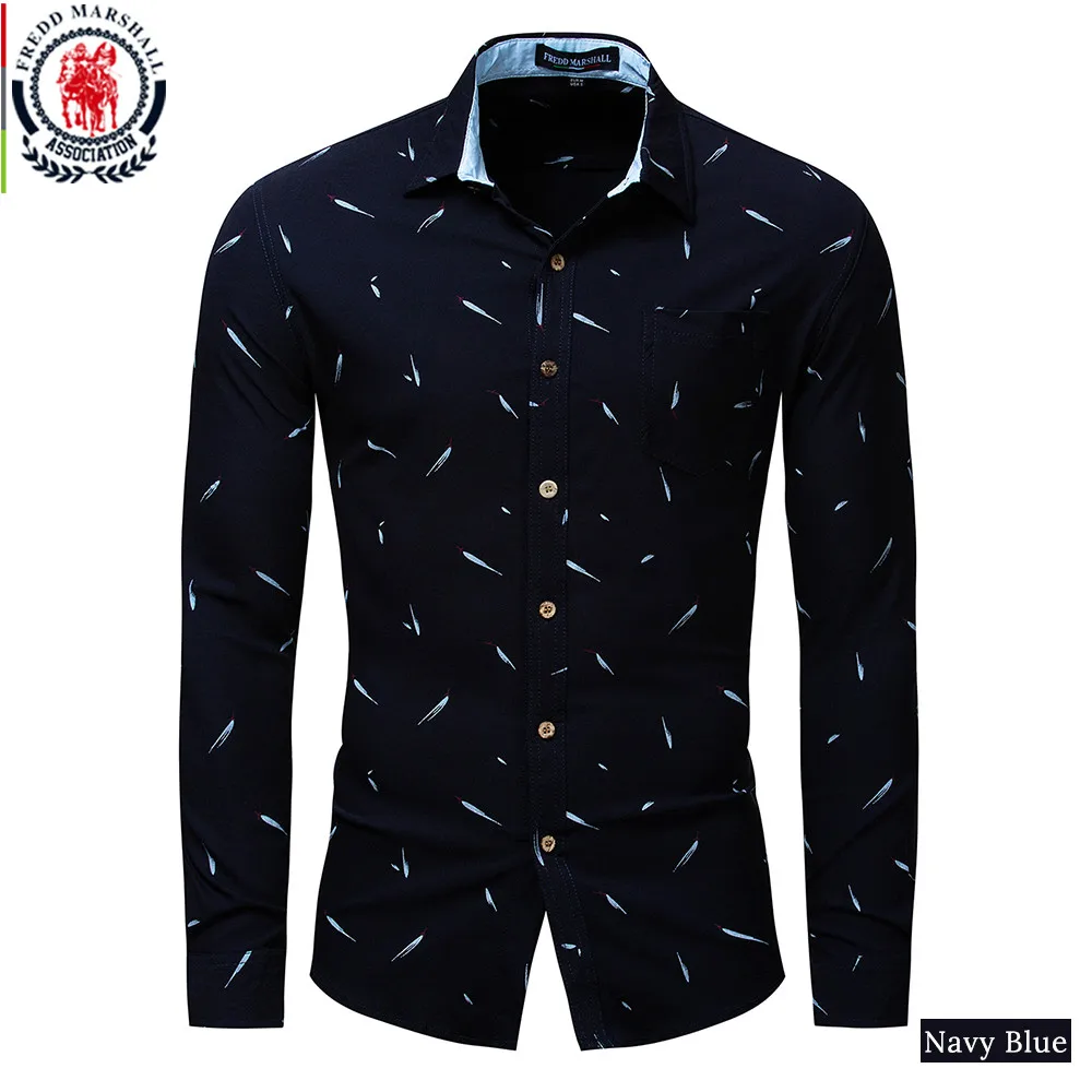 178 Navy Blue Fredd Marshall осень Новые повседневные мужские деловые костюмы с длинными рукавами, рубашка с принтом, роскошные Брендовые мужские рубашки 178 - Цвет: 178 Navy Blue
