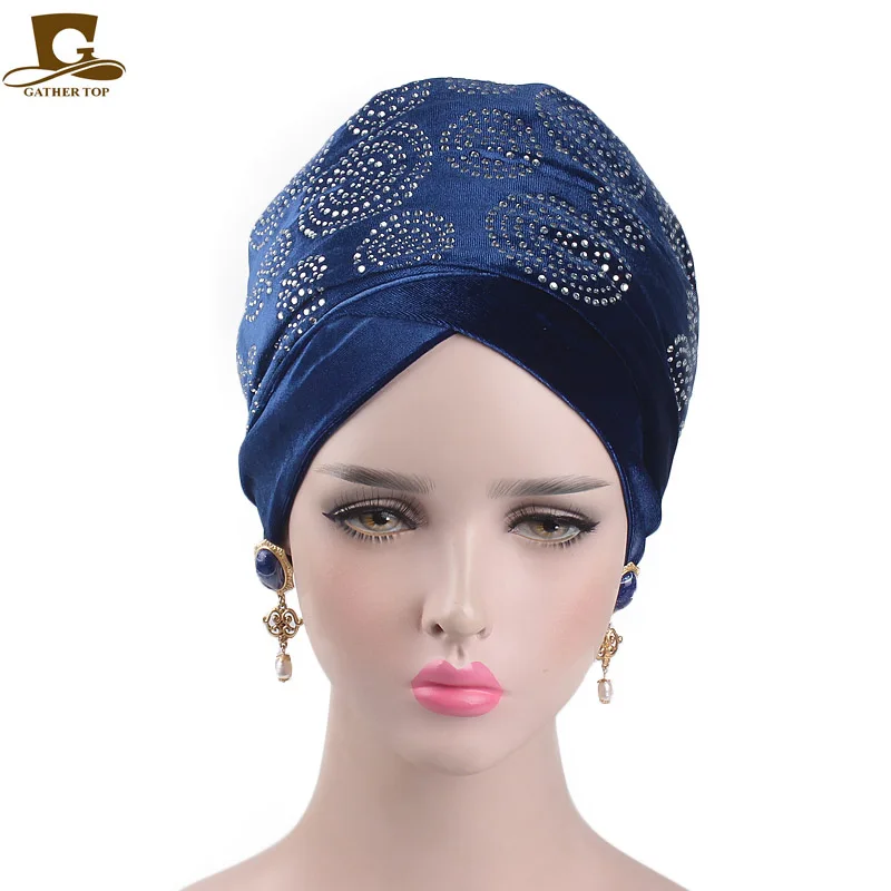 Новый элегантный бархатный длинный женский тюрбан Стразы нигерийский хиджаб