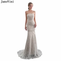 janevini vintage champagne lace long bridesmaid dresses strapless backless mermaid satin prom gowns sweep train vestidos dama