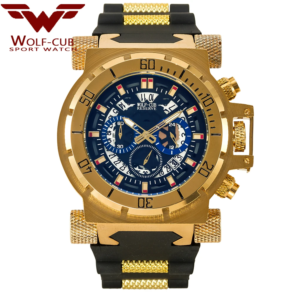 gold blue WOLF-CUB роскошные мужские спортивные часы с большим циферблатом, 3 бар, синий циферблат, мужские Стальные кварцевые наручные часы с хронографом, военные часы, мужские часы - Цвет: gold blue