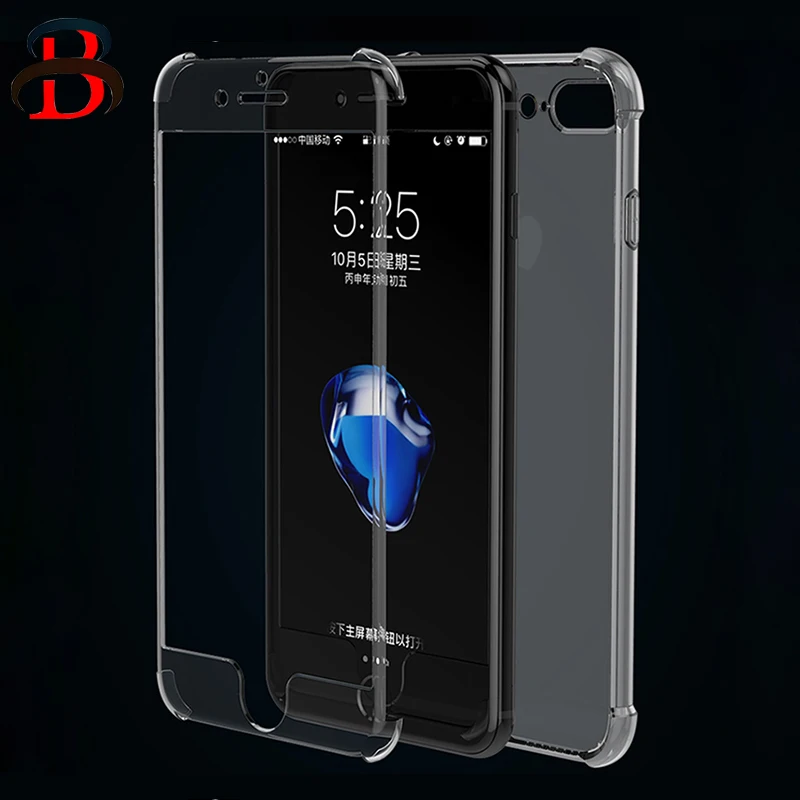 Прозрачный ТПУ чехол HD для iPhone 7 8 Plus чехлы с 360 защитой 2 слойный Мягкий