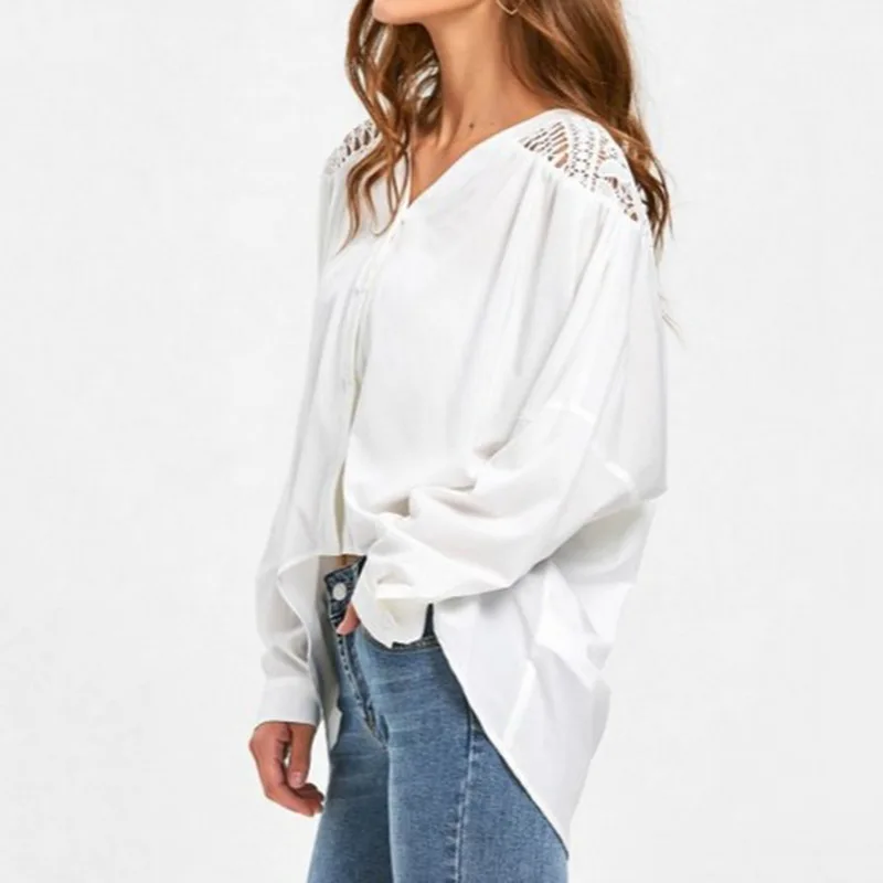 Laamei Sexy Hollow Out Women Blouse Fashion Solid Lace Patchwork Summer V-Neck Blusas full Sleeve Top Ladies |