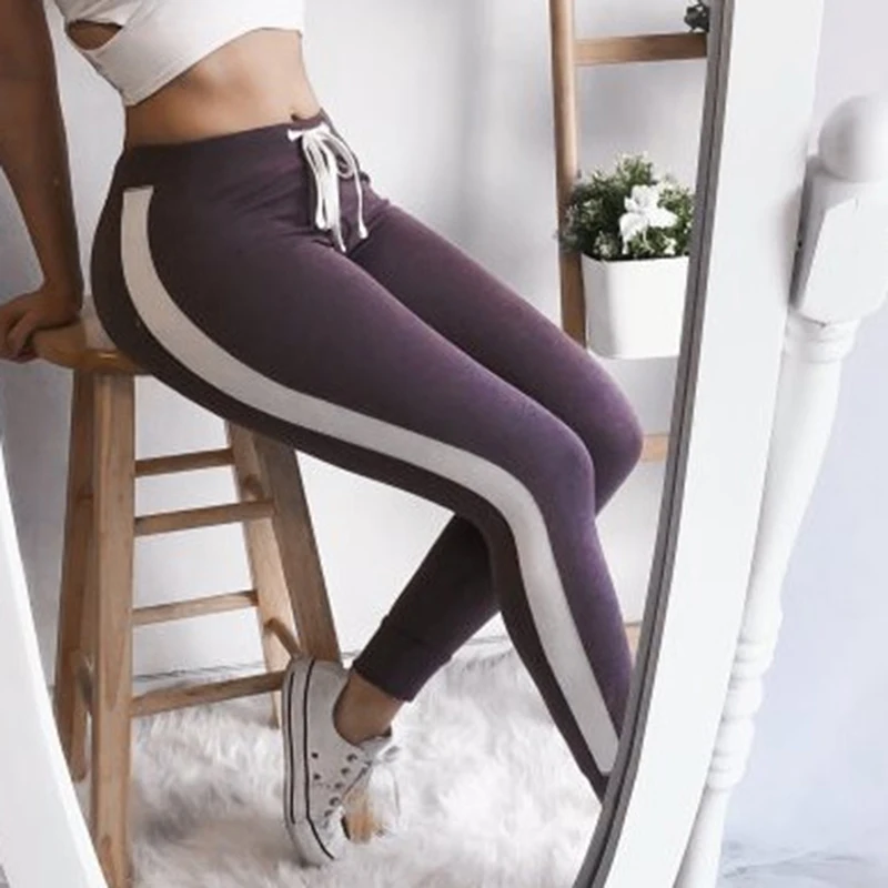 Женские спортивные брюки серые полосатые повседневные обтягивающие Брюки-Капри