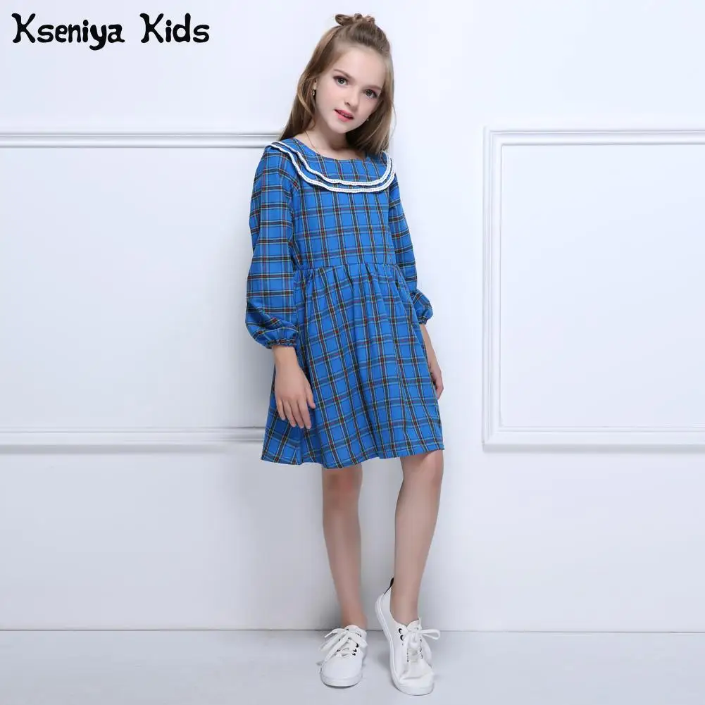 Kseniya Kids/осень-зима; детское платье для маленьких девочек в синюю клетку в английском стиле; милое повседневное хлопковое платье; платья с длинными рукавами для девочек