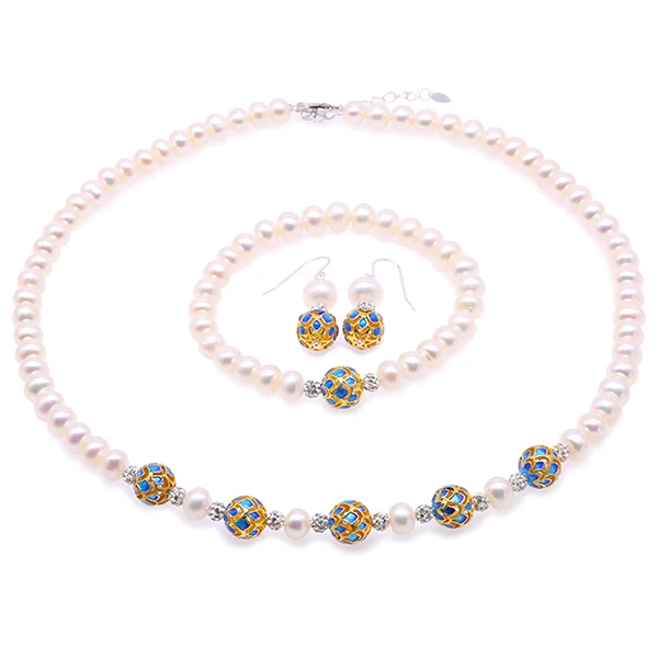 White1 JYX жемчужный браслет серебро 925 жемчужные серьги ожерелье ювелирный набор натуральный пресноводный жемчуг 925 набор для женщин(7-8,5 мм, 17," - Цвет камня: White1