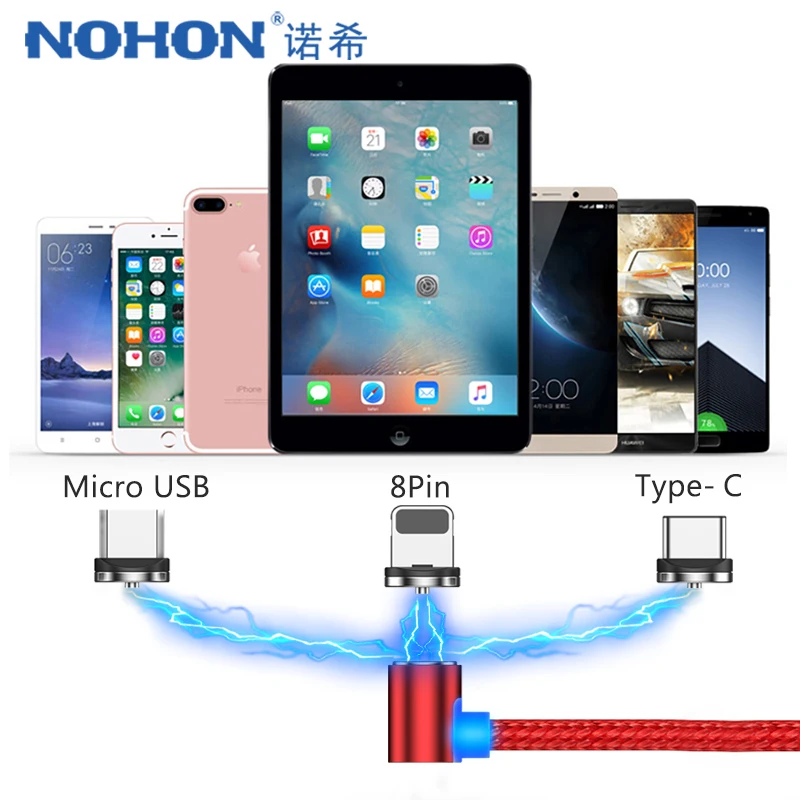 Магнитный зарядный кабель NOHON L-Shape для iPhone X 7 8 Plus XS MAX XR Micro USB Type C светодиодный