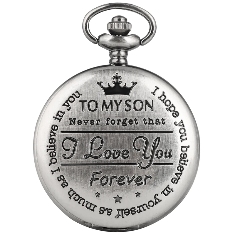 

Popular Engraved Words To My Son I LOVE YOU Quartz Pocket Watch Retro Gray Cover Souvenir Birthday Gifts for Son Art Collection