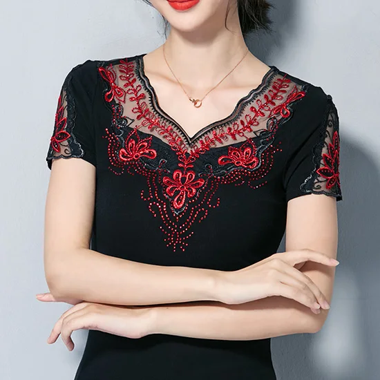 Модная женская блузка, рубашка, новинка, короткий рукав, сетчатая рубашка, элегантные бриллианты, полые женские топы, рубашки размера плюс, блузки - Цвет: Красный