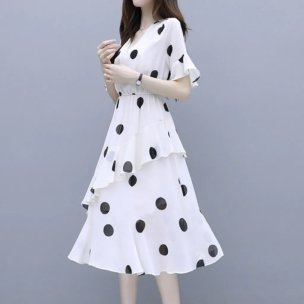 Женское платье vestidos на Хэллоуин noche ropa mujer robe femme с v-образным вырезом, длиной до колена, с коротким рукавом, с волнистыми точками, плюс размер, платье Z4